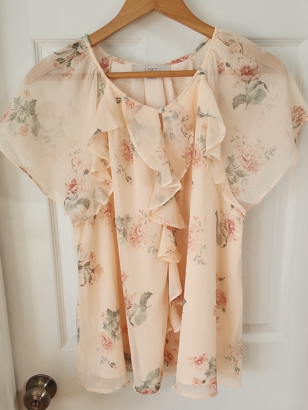 LOFT Peach Floral Ruffle Blouse